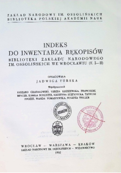 Indeks do inwentarza rękopisów Biblioteki Zakładu Narodowego im. Ossolińskich we Wrocławiu Tom 1 i 2